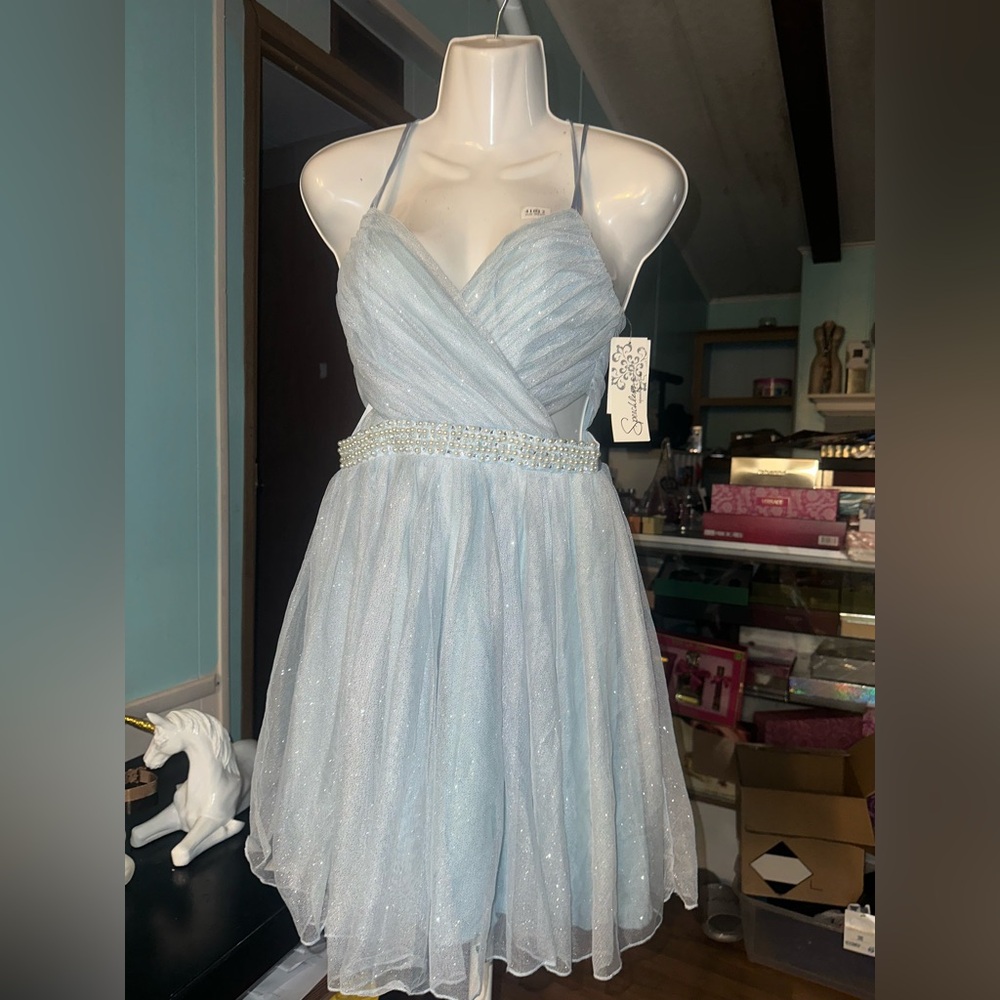Speechless Light Blue Party Dress with Pearl Waistband